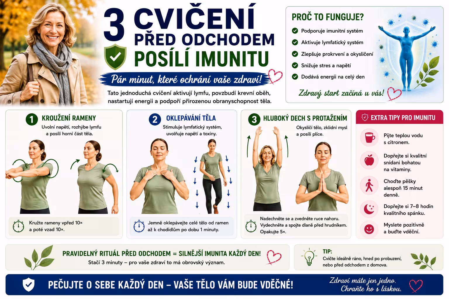 Tři cvičení před odchodem z domu — jak posílit imunitu a chránit tělo před viry