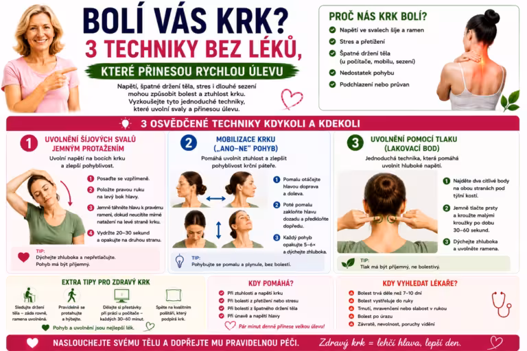 Bolí vás krk? Tři techniky pro okamžitou úlevu — bez léků, bez vybavení