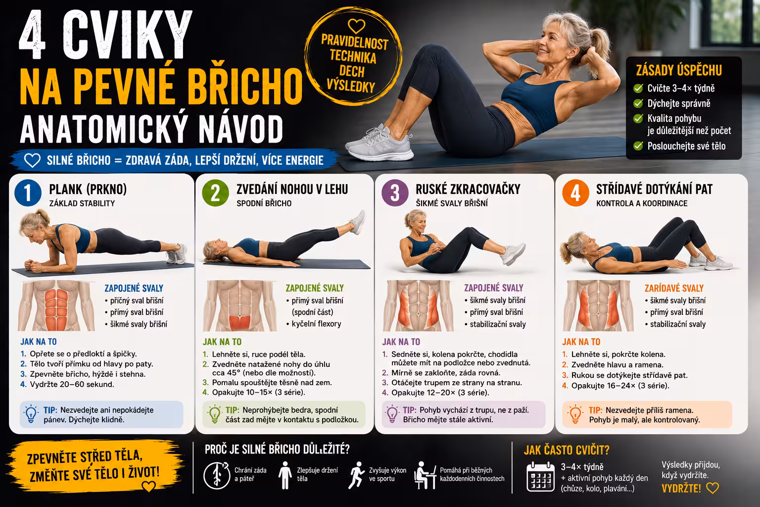 4 cviky na pevné břicho podle anatomického videa: Jak správně cvičit a co při tom pracuje