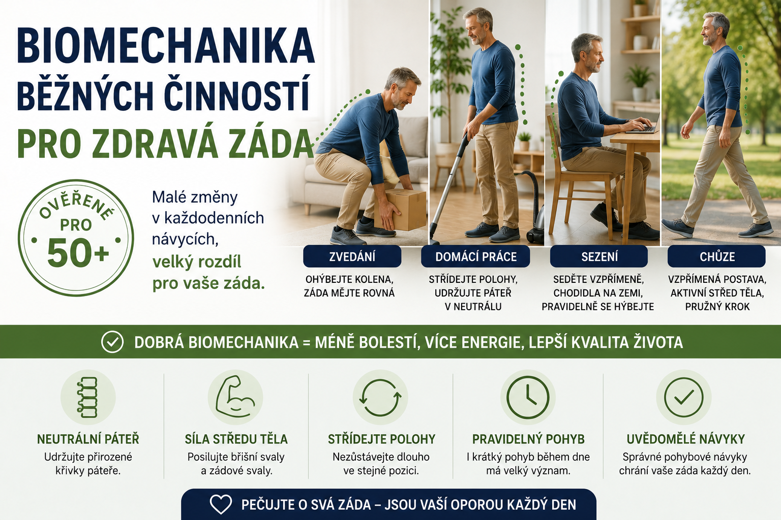Biomechanika běžných činností: Jak správně rýt na zahradě, mýt okna nebo vysávat bez zablokovaných beder