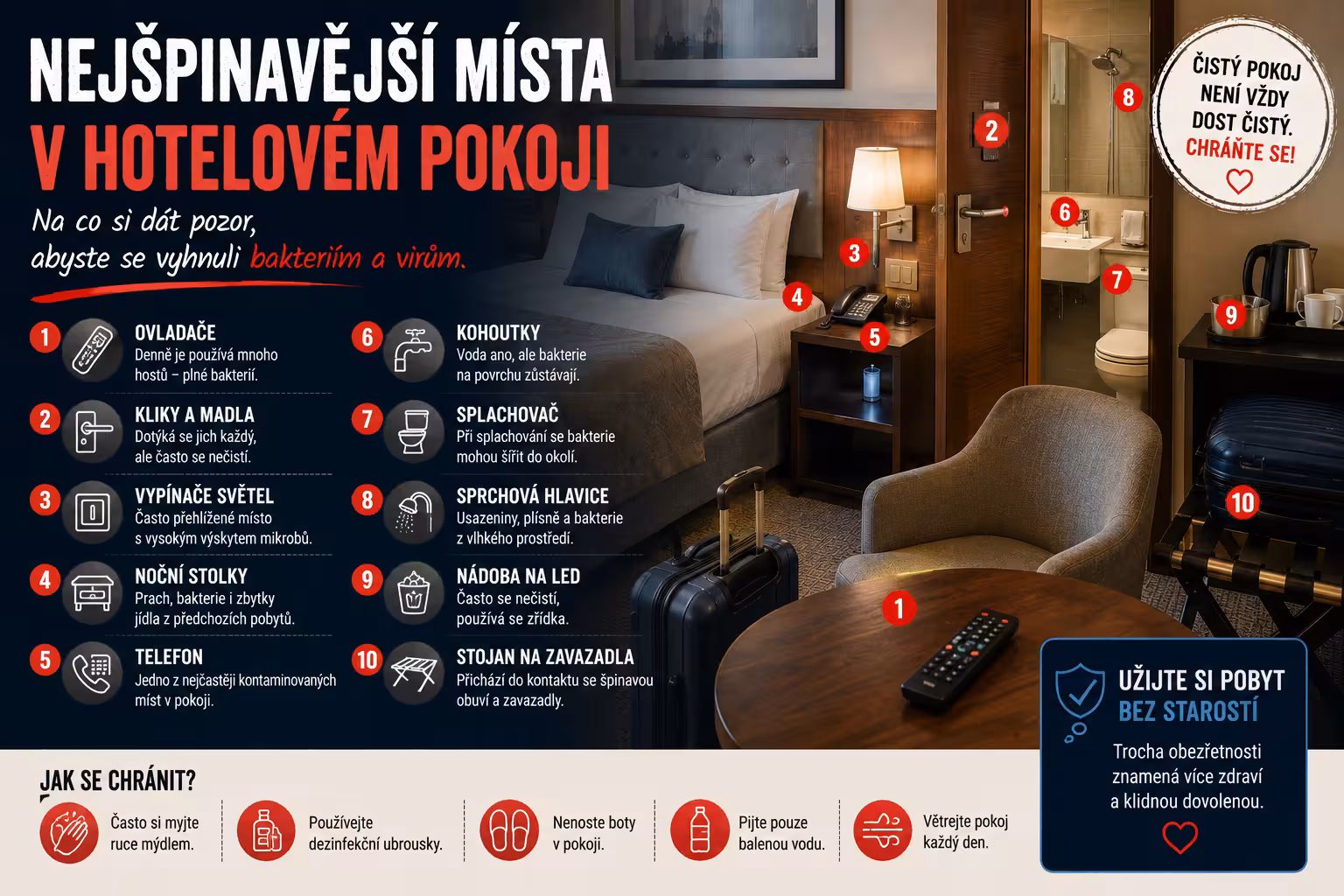 Zapomeňte na záchodové prkénko: Tady jsou místa na hotelovém pokoji, která jsou mnohem špinavější