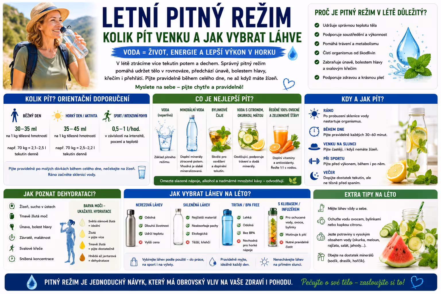 Letní pitný režim: Proč zapomenout na půllitrovku, kolik pít venku a jak vybrat lahev