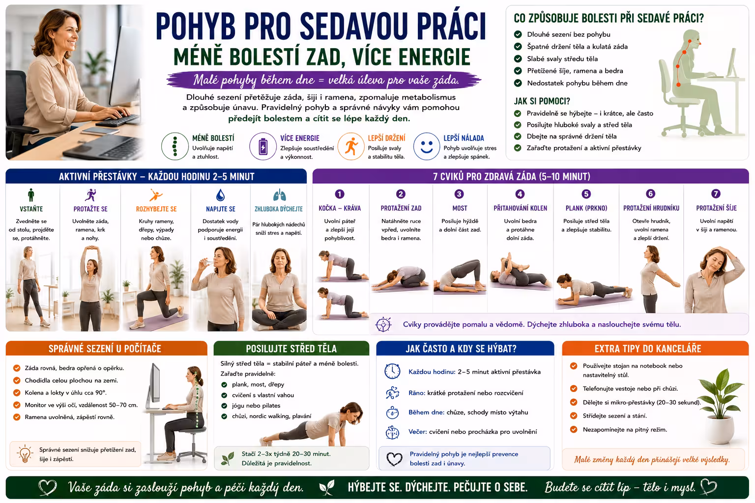 Pohyb pro sedavá zaměstnání – jak zatočit s bolestí zad a dodat tělu energii