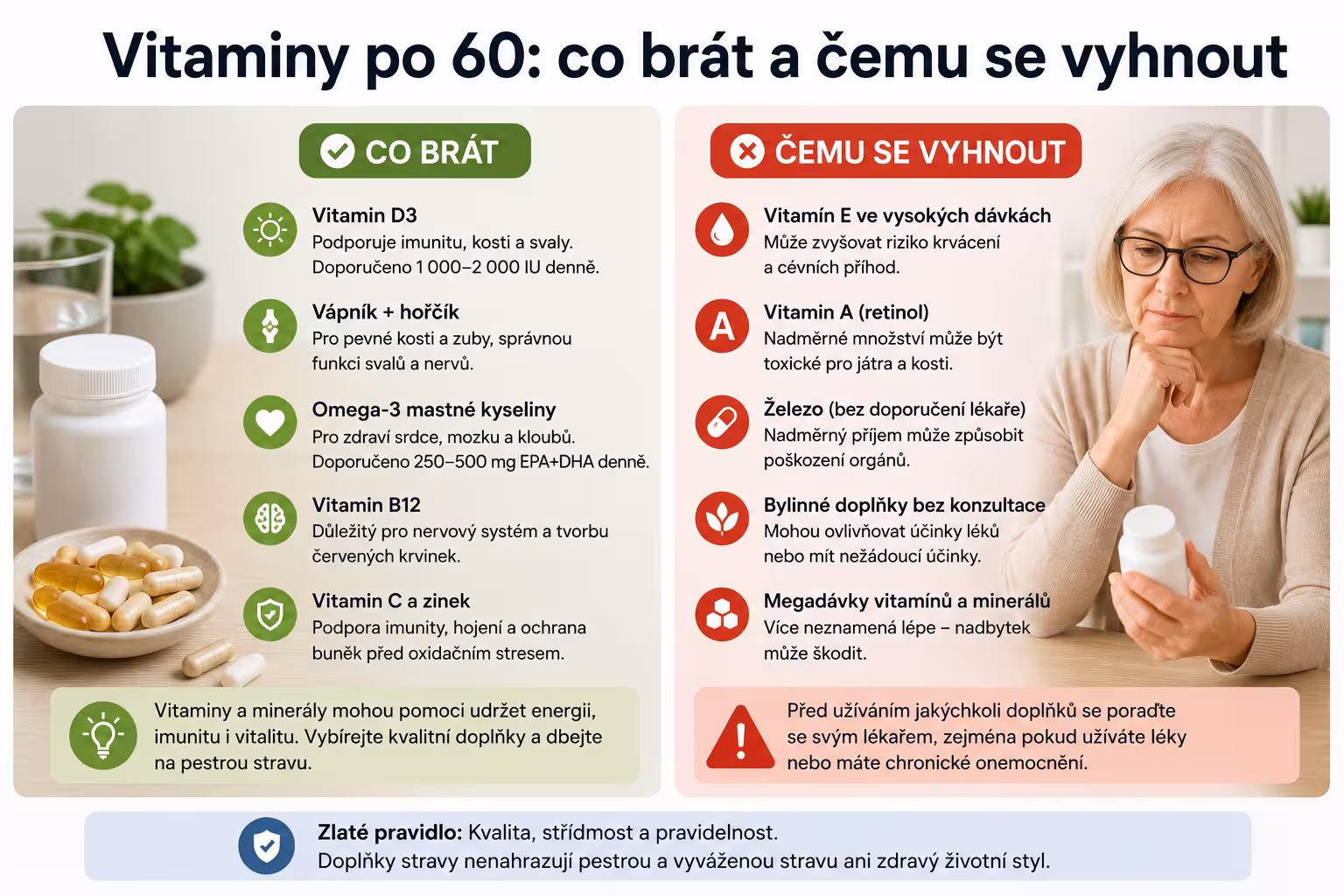 Senioři 60+: Které vitamíny skutečně potřebujete – a které raději vyměňte za stravu