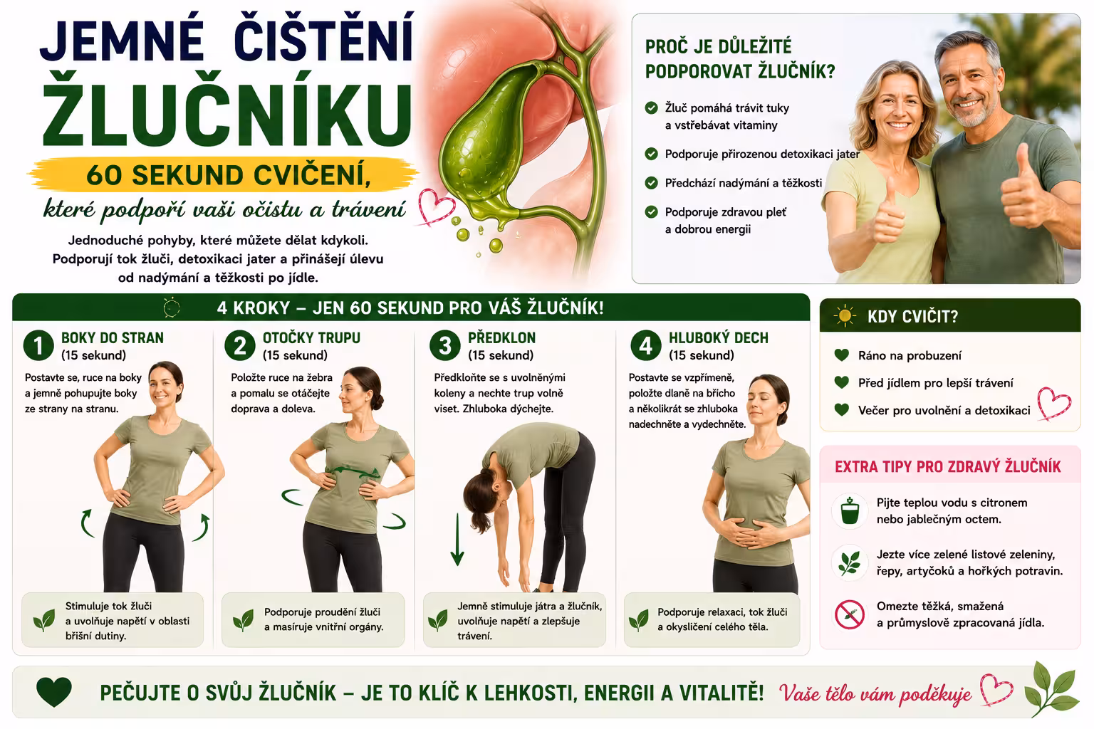 Jemné čištění žlučníku: 60 sekund cvičení, které nastartuje trávení bez rizika